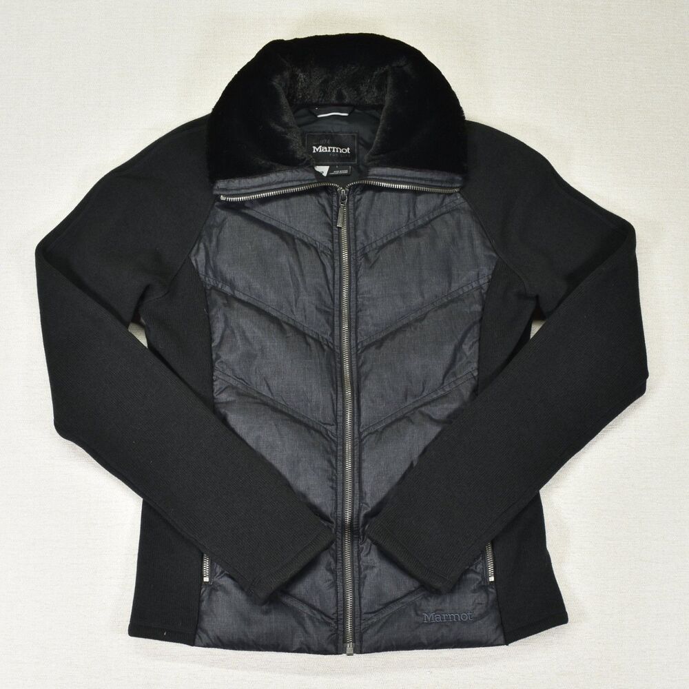 Marmot Down Puffer Jacket Womens Small Black 700 Fill Hybrid Fleece